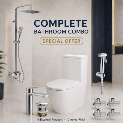 Luxury Complete Bathroom Combo Set – Modern WC, Full Brass Rain Shower, Basin Mixer, Pop-Up Waste, Premium Shattaf & 4 Angle Valves – Chrome Finish | 7 Years Warranty